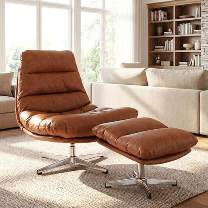 HNY Brown Swivel Lounge Chair with Ottoman Modern PU Leather Accent Chair with Footrest 33'' Wide Oversized Armless Upholstered Reading Chair with Footstool for Living Room Bedroom Comfy - size: 1 SET