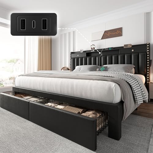 CypBed King Size Bed Frame with Headboard & 2-Storage Drawers & Black | Upholstered PU Leather Bed Frame with 3 USB & Type-C Charging Ports,Solid Wood Slats,No Box Spring Needed,Noise-Free, Gift - color: Black, size: King