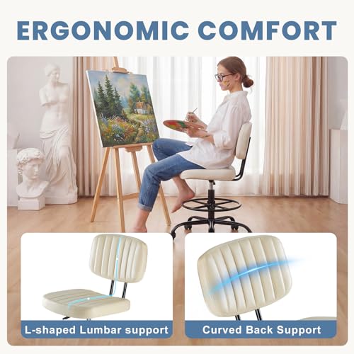 DUMOS Armless Drafting Chair, Standing Desk Chair, Rolling Stool | Ergonomic Low Back Office Seat, Height Adjustable with Footrest Ring, PU Leather, Swivel Wheels, Studio Lab Counter, Beige - color: Beige