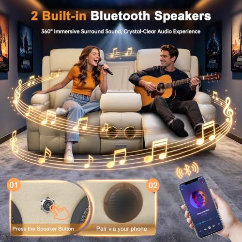 Home Theater Seating, Power Loveseat Recliner Sofa with Massage & Heat | Wall Hugger Reclining Loveseat with USB, RV Couch with LED Lights, Flip Backrest, Cup Holders for Movie Theater, Gaming Room - color: Pebbled Beige White, size: 72" - 2 Seats
