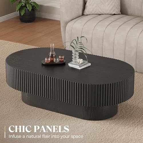 YOUDENOVA 43.7” Oval Coffee Table, Modern Wood Fluted Coffee Table for Living Room, Veneer Handcrafted Relief Center Table with Sturdy Pedestal，Easy Assembly - Black - color: 43.7" Black-oval
