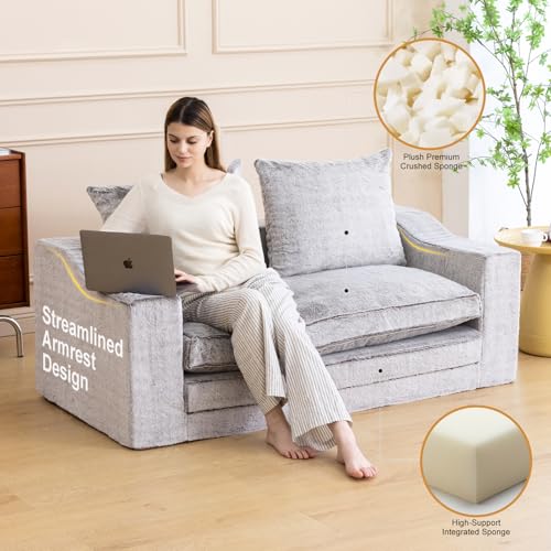61" Boneless Loveseat Sleeper, Folding Sofa Bed, Faux Fur Cover, Dove Grey | Memory Foam Pull Out Futon Bed with Removable Washable Cover, Space-Saving Fold Out Couch for Living Room & Guest Room - color: Dove Grey