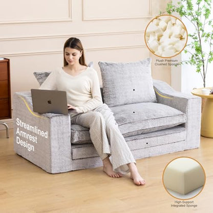 61" Boneless Loveseat Sleeper, Folding Sofa Bed, Faux Fur Cover, Dove Grey | Memory Foam Pull Out Futon Bed with Removable Washable Cover, Space-Saving Fold Out Couch for Living Room & Guest Room - color: Dove Grey