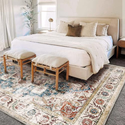 CHAMPLANT Beige Blue Washable Area Rug 8'x10' Boho Chic Medallion Distressed Design Non-Shedding Easy Care Ideal for High Traffic Areas in Living Room Bedroom Office Coffee Table Large Carpet - color: Beige and Blue, size: 8' x 10' (Rectangular)