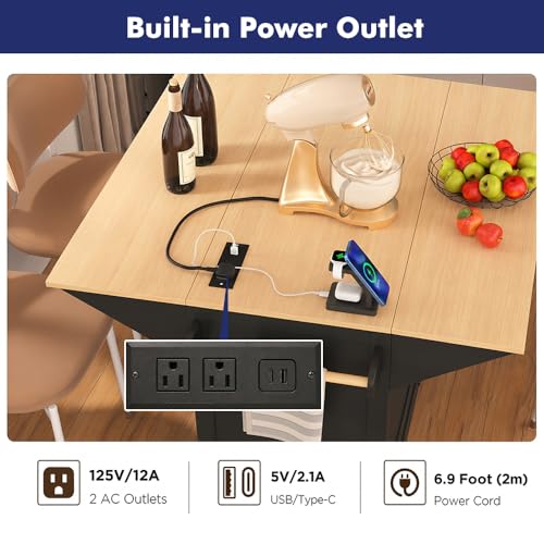 Rolling Kitchen Island with 2 Drop Leaf and Power Outlet, Island Table on Wheels with Towel Rack and Spice Rack, Kitchen Cart with Storage Cabinet and Drawers (Black) - color: Black