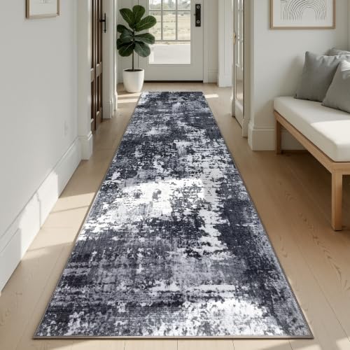 Sasttie 2x12 Runner Rug, Modern Abstract Hallway Rug, Black & White | Ultra-Soft Faux Wool, Machine Washable, Low Pile, Non-Slip, Thin, for Hallway, Entrance, Kitchen, Entryway & Laundry Room - color: Black & White, size: 2' x 12' (Rectangular)