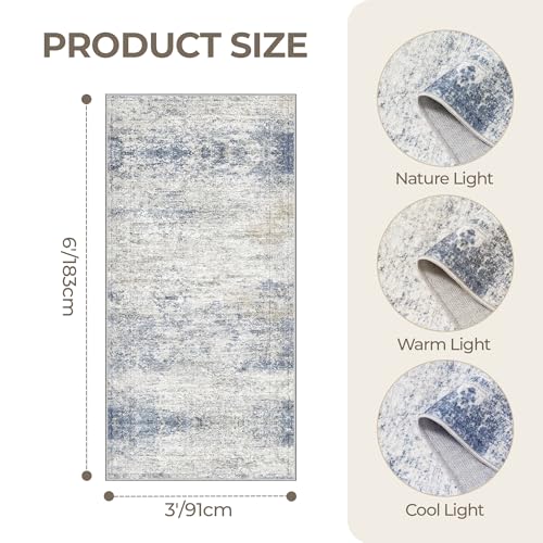 3x6 Runner Rug Non Slip,Washable Hallway Runner Rug,Blue | Neutral Rugs for Kitchen,Entryway,Bedroom,Bathroom,Nursery Room,Thin,Soft Runner Rug,Stain Resistant Indoor Carpet - color: Blue/Brown/Ivory, size: 3' x 6' (Runner)