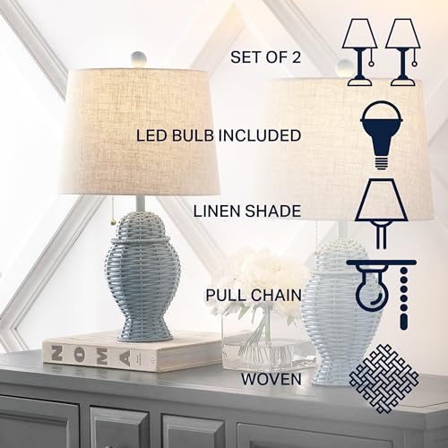 JONATHAN Y 20.5" Wicker Table Lamp, Blue with Beige Shade, Set of 2 | Margie Bohemian Rustic Farmhouse Coastal Urn Rattan Metal, Pull Chain Switch, Linen, LED Bulbs Included - color: Blue