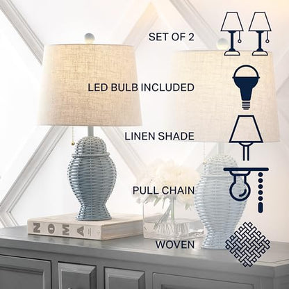 JONATHAN Y 20.5" Wicker Table Lamp, Blue with Beige Shade, Set of 2 | Margie Bohemian Rustic Farmhouse Coastal Urn Rattan Metal, Pull Chain Switch, Linen, LED Bulbs Included - color: Blue