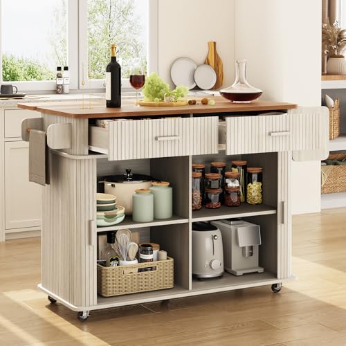 56" Kitchen Island on Wheels with Drop Leaf Countertop, Large Mobile Island Table with 2 Drawers and Spice Rack and Tower Rack, Mid-Century Modern Island Cart w/Storage for Kitchen, Off White - color: Off White