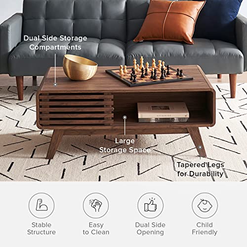 mopio Ensley Dual-Side Storage Coffee Table – Mid Century Modern Fluted Wood Table with 4 Compartments for Living Room Organization, Curved Safety Edges, Tapered Legs (Walnut, 39.2" W x 23.2" D) - color: Walnut