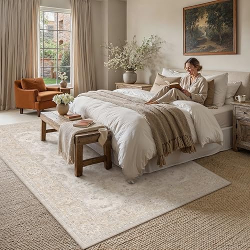 6x9 Beige Neutral Area Rug | Washable, Non Slip, Low Pile, Soft, Vintage, Distressed, Floral, Farmhouse, for Living Room Bedroom Dining Room Office - color: Beige, size: 6' x 9' (Rectangular)