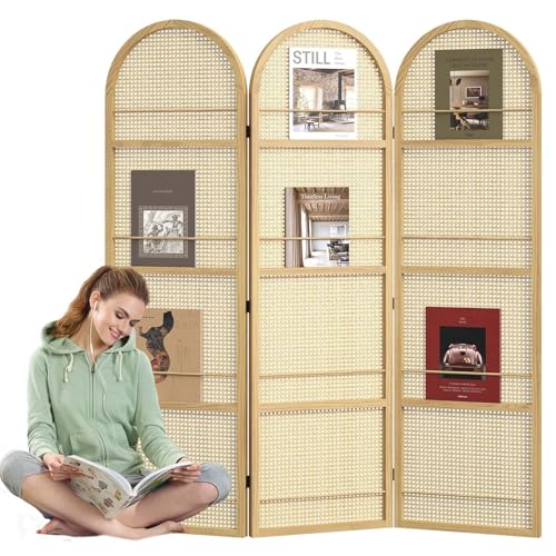 Rattan Room Divider with Built-in Bookshelf | Foldable Privacy Screen & Portable Partition for Home Office, Bedroom, Reading Nook | Wooden Frame, Freestanding Design (Natural-Rattan) - color: Natural-rattan