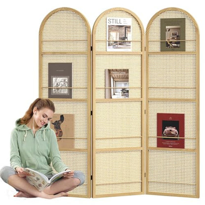 Rattan Room Divider with Built-in Bookshelf | Foldable Privacy Screen & Portable Partition for Home Office, Bedroom, Reading Nook | Wooden Frame, Freestanding Design (Natural-Rattan) - color: Natural-rattan