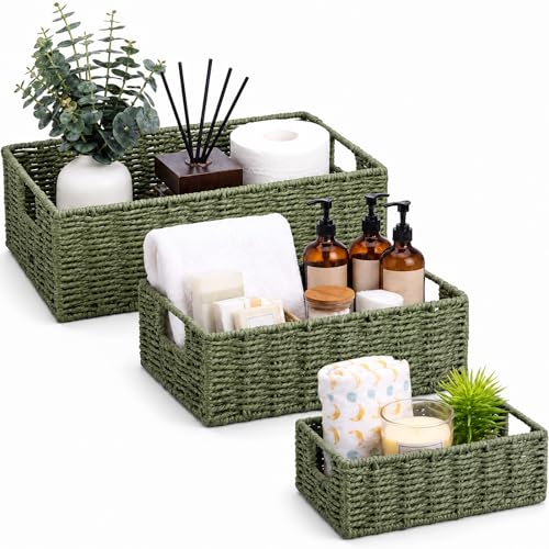 Set of 3 Wicker Storage Basket for Organizing Paper Rope Shelf Baskets Small Wicker Basket with Handles Nested Shelf Organizer Baskets for Closet and Pantry Shelves(Green) - color: Green