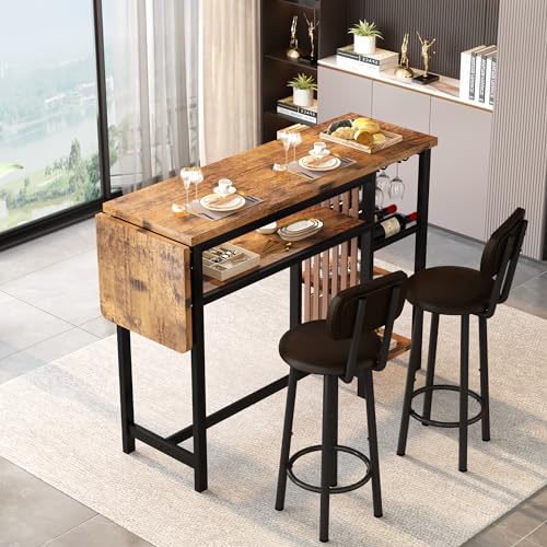 Recaceik 59" Bar Dining Table Set for 2, Bar Table and Chairs Set, Expandable Counter Height Dining Table Set, Small Kitchen Bar Table with Wine Racks & Storage, Breakfast Nook Set for Small Space - size: 59 inches