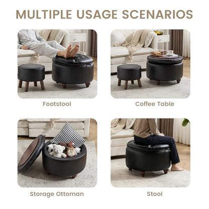 24Inch Round Storage Ottoman, Set of 2, Modern PU Leather Coffee Table with Removable Top, Upholstered Ottoman with Storage Footrest Stool for Living Room, Bedroom (Black) - color: Black
