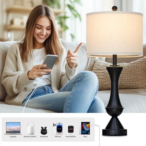 29" Black Tall Table Lamps for Living Room, Touch Control Bedroom Lamp with USB A+C Ports, 3-Way Dimmable Bedside Table Lamps Set of 2, Modern Metal Lamp for Nightstand - color: Black-2Pack