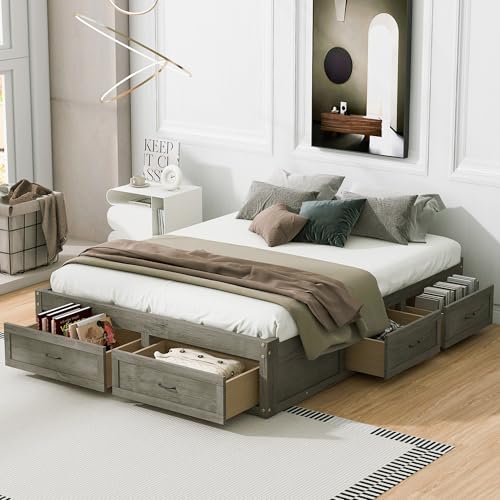 Wooden Platform Bed Queen with 6 Large Storage Drawers,Without Headboard Design,Queen Size Platform Bed Frame with Support Slats,Farmhosue Storage Beds for Kids Teens Adults,Space-Saving,Antique Gray - color: Antique Gray, size: Queen