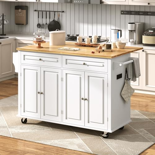 Gitua 59" W Rolling Kitchen Island with Drop Leaf, Movable Kitchen Carts on Wheels Island with Storage Cabinet&Charging Station, Island Table for Kitchen w/Rubber Wood Top, Rack, Hook, Drawers, White - color: White, size: 59"W