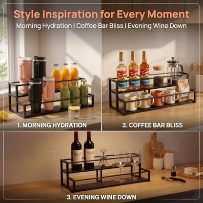 Expandable Coffee Syrup Organizer, 2-Tier Carbon Steel Stanley Cup Holder,Adjustable Water Bottle Organizer, Large Capacity Spice Racks & Wine Display Stand for Coffee Bar Kitchen Cabinet, Black