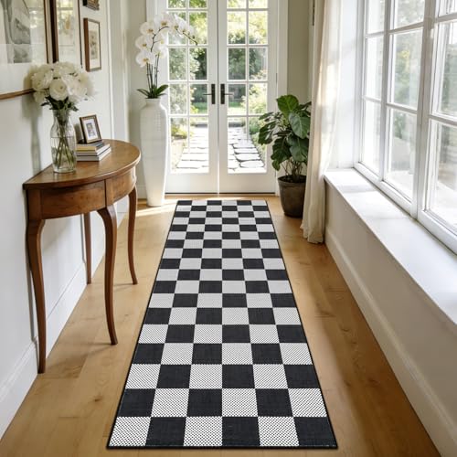 GarveeHome Checkered Black White 2x6 Washable Low-Pile Kitchen Runner Rug | Non-Slip Black and White Stain Resistant Rug for Kitchen Entryway Bedroom Bathroom Geometric Modern Rug TPE Backing - color: Dark, size: 2' x 6' (Rectangular)