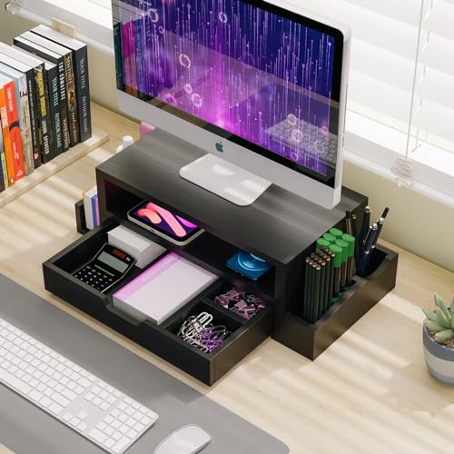 Simple Trending Wood Monitor Stand Riser, Desktop Oraganizer, Black | Desk Organizer and Accessories, Laptop & Printer Stand, Drawer & Pen Holder, for Home Office, 20.25"W x 9.25"D x 5.5"H - size: 20.25"W x 9.25"D x 5.5"H