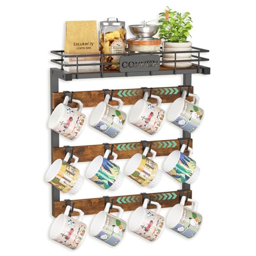 EsLuker.ly Coffee Mug Holder Cup Hanger Wall Mounted Display Rack | Metal Organizer with 12 Movable Plastic Hooks, Wood Rustic Shelf for Coffee Bar Home Kitchen, Thoughtful Wall Storage - style: 12 Movable Hooks Brown Style