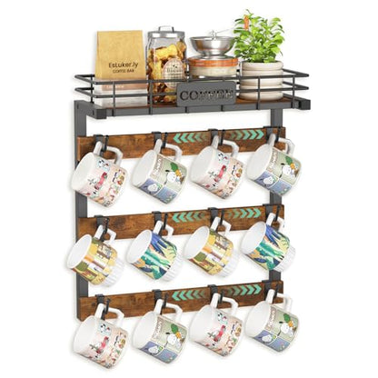EsLuker.ly Coffee Mug Holder Cup Hanger Wall Mounted Display Rack | Metal Organizer with 12 Movable Plastic Hooks, Wood Rustic Shelf for Coffee Bar Home Kitchen, Thoughtful Wall Storage - style: 12 Movable Hooks Brown Style