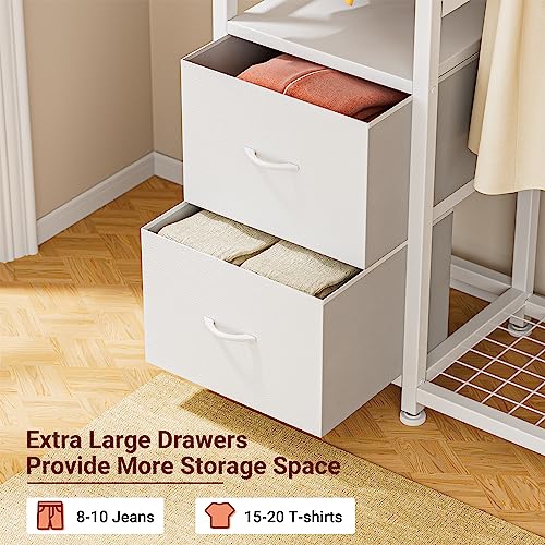 Clothes Rack with 2 Rods, Shelves, Drawers & Hooks, Garment Rack | Clothes rack with 2 hanging rods (50lbs each), 2 shelves, 2 fabric drawers & 4 hooks. 300lb total capacity. Fits small spaces - color: White