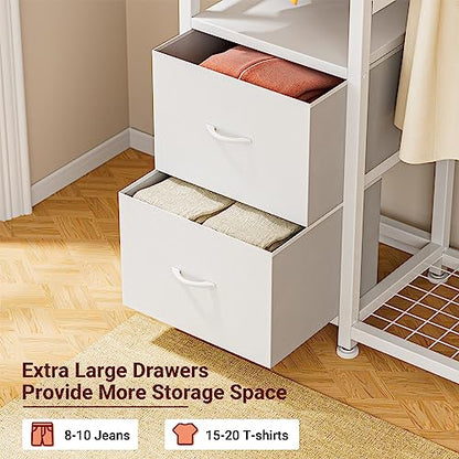Clothes Rack with 2 Rods, Shelves, Drawers & Hooks, Garment Rack | Clothes rack with 2 hanging rods (50lbs each), 2 shelves, 2 fabric drawers & 4 hooks. 300lb total capacity. Fits small spaces - color: White