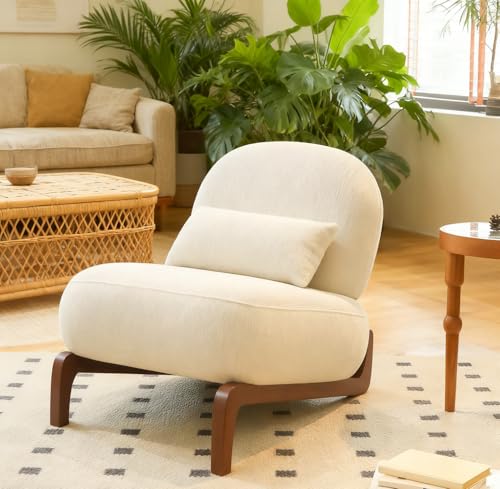 White Velvet Slippers Chair with Solid Wooden Legs, Low Profile Design | Cute Armless Accent Chair with Soft Cushion, Comfy Upholstered Side Chairs for Living Room, Bedroom, Balcony or Reading Room - color: White