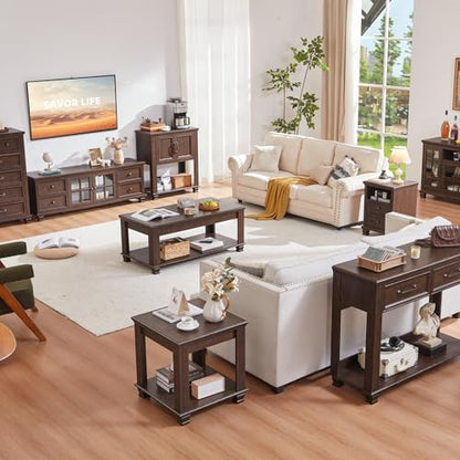 Farmhouse Coffee Table Set of 3, Walnut | Rustic Wood 3 Piece Coffee and End Table Sets with Open Shelf for Living Room - color: Walnut
