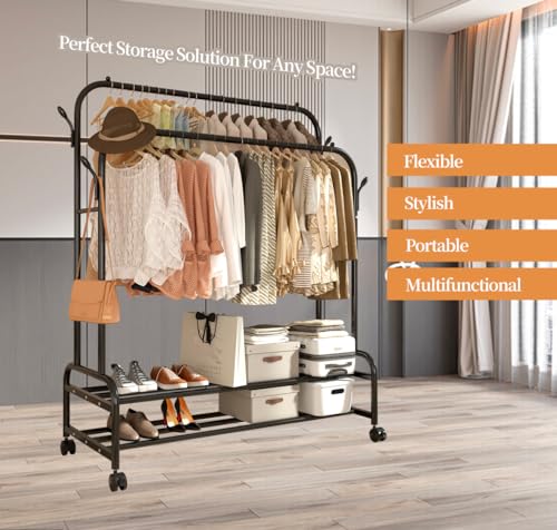 Antiwar Sturdy Metal Double Rodding Clothes Rack With Wheels, Portable Clothing Rack With Shelves & Hooks, Heavy Duty Garment Racks for Hanging Clothes, Multi-Functional Closet Rack for Bedroom, Black - color: LIght Black