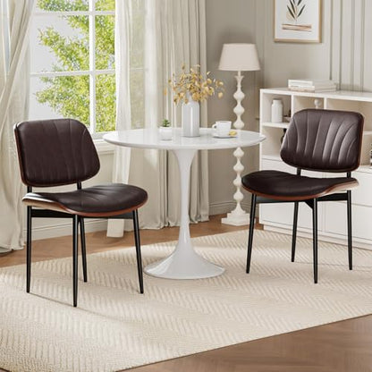 Dining Chairs Set of 2, Mid-Century Modern Upholstered PU Leather Chairs | with Walnut Bentwood Back and Metal Legs Adjustable Feet for Kitchen Dining Room, Dark Brown Shell Strips - color: Dark Brown Shell Strips