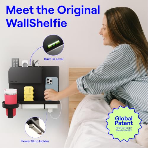WallShelfie Bedside Wall Organizer & Dorm Decor for Dorm Room - Black | Dorm Room Essential, Floating Bedside Shelf Wall Mount Organizer, Remote Control Holder, Cool Teen Girls Trendy Stuff - color: Black
