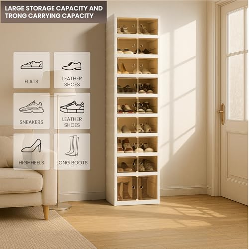 Foldable Shoe Organizer Storage Box, Portable Extra Large Folding Shoe Rack for Closet, Shoe Storage Box with Magnetic Transparent Door and Wheels, 9 Layers 18 Grids with 2 Big Grids - size: White 9 Layers-B