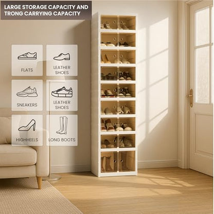 Foldable Shoe Organizer Storage Box, Portable Extra Large Folding Shoe Rack for Closet, Shoe Storage Box with Magnetic Transparent Door and Wheels, 9 Layers 18 Grids with 2 Big Grids - size: White 9 Layers-B