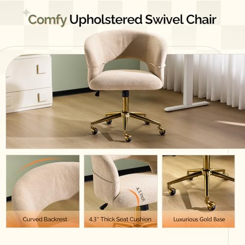 VINGLI Modern Curved Office & Vanity Desk Chair, Cute Upholstered Nail Chair with Wheels & 360° Swivel & Club & Tilting & Gold Base, for Bedroom, Living Room, Makeup, Velvet Chenille, Khaki - color: Khaki