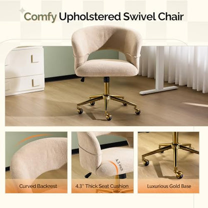 VINGLI Modern Curved Office & Vanity Desk Chair, Cute Upholstered Nail Chair with Wheels & 360° Swivel & Club & Tilting & Gold Base, for Bedroom, Living Room, Makeup, Velvet Chenille, Khaki - color: Khaki