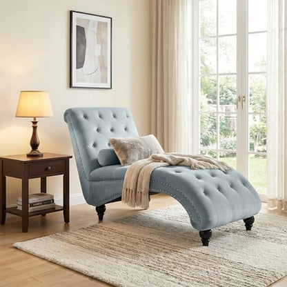 Button-Tufted Chaise Lounge Indoor, Velvet Chaise Lounge Chair with Legs & Toss Pillow, Armless Rolled Backrest Leisure Sofa Recliner for Living Room Bedroom (Gray) - color: Grey