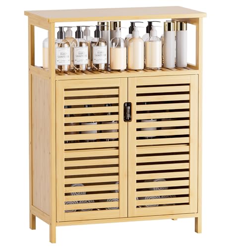 HITNET Bathroom Storage Cabinet, Bamboo Floor Cabinet with Double Doors and Open Shelf, Freestanding Cupboard for Living Room, Kitchen, Entryway, Natural - color: Natural