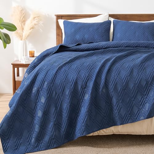 EMME Quilts Queen Size Bedding Sets, Navy Blue Bedspread Soft Lightweight Pre-Washed Quilt, 3 Piece Cozy Reversible Microfiber Ultrasonic Coverlet with Pillow Sham (Diamond Pattern,90"x90") - color: 02-navy (Diamond), size: Full/Queen(90" x 90")