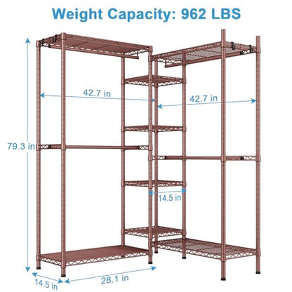 E4L L-shaped Clothes Rack, Heavy-Duty Garment Rack, Metal Freestanding Clothing Organization Storage System with Shelves and Hangers, Max Load 962lbs, 42.7" W x 42.7" D x 79.3" H, Bronze - color: Bronze