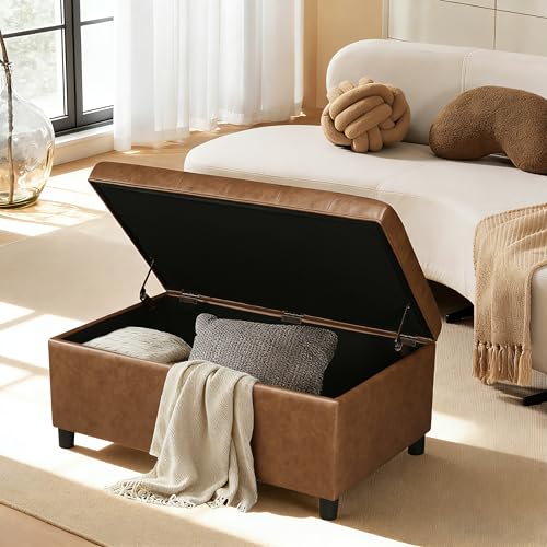 Rectangular Lift Top Storage Ottoman Bench, Faux Leather Storage Bench for Living Room Entryway Bedroom, Ochre Yellow - color: Ochre Yellow