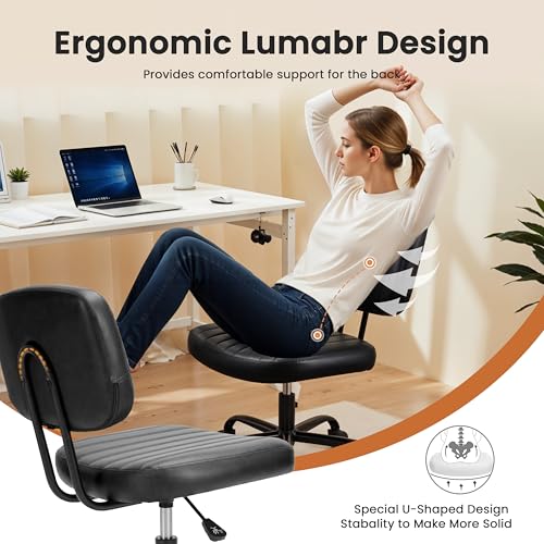 YSSOA Office Chair Small Computer Desk Chair Ergonomic with Low Back Lumbar Support, Height Adjustable Armless PU Leather Vanity Stool 360° Swivel Rolling Chair with Wheels, Black - color: Black