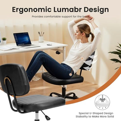 YSSOA Office Chair Small Computer Desk Chair Ergonomic with Low Back Lumbar Support, Height Adjustable Armless PU Leather Vanity Stool 360° Swivel Rolling Chair with Wheels, Black - color: Black
