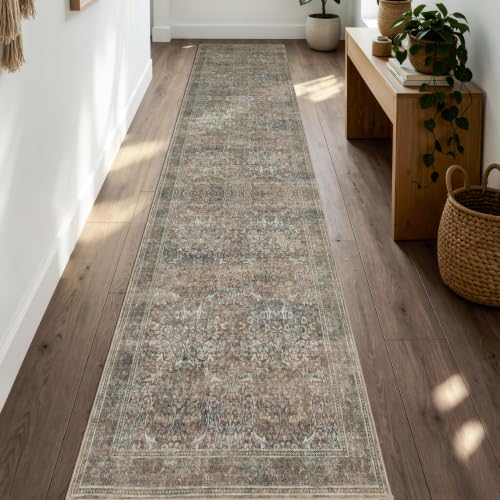 JOLLYVOGUE Vintage Floral Runner Rug 2x10, Washable Hallway Rug with Faux Cashmere Surface, 0.2" Low Pile, Non-Slip Backing, Pet-Friendly Runner for Kitchen & Entryway, Vintage Brown - color: Vintage Brown, size: 2' x 10' (Runner)