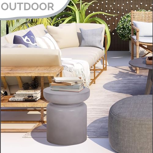 Afterglow Outdoor Round Side Table, 14.6" Modern Accent End Table, Decorative Garden Stools Tables for Living Room Bedroom Sofa Couch Small Space Patio Decor, Grey - color: Grey Concrete-look