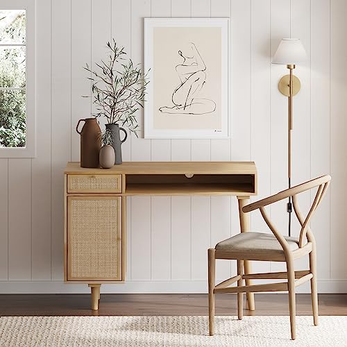Nathan James Aaron Modern Desk with Storage, Natural Rattan Table with Square Webbing and Gold Accent Knobs, Natural Brown - color: Natural Brown